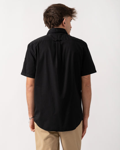 Back shot of a Model wearing a Belstaff Scale Mens Short Sleeve Shirt in Black