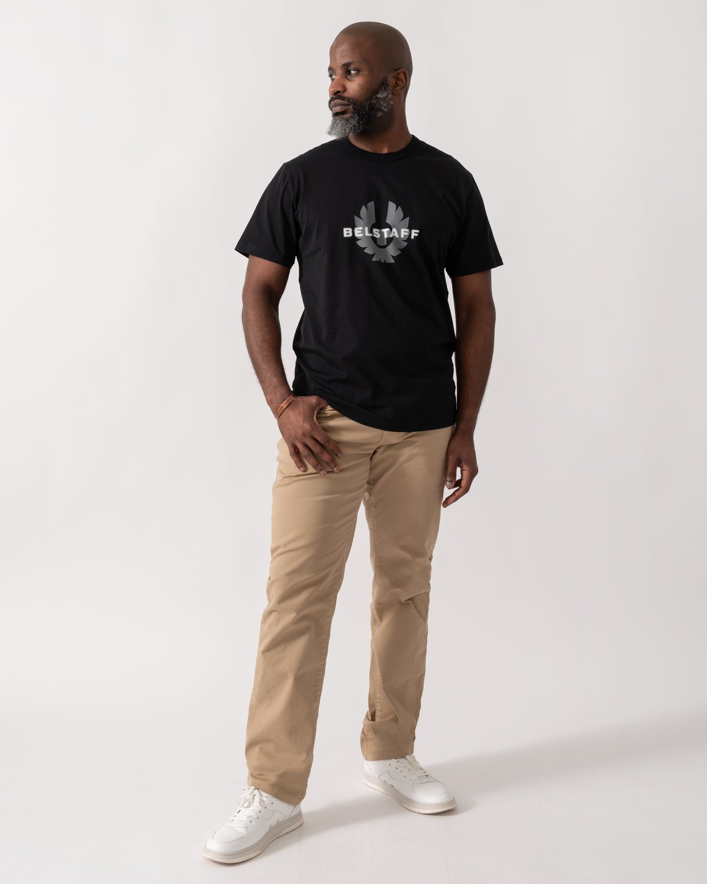 full length shot of a model wearing a Belstaff Surface Mens T-Shirt in Black