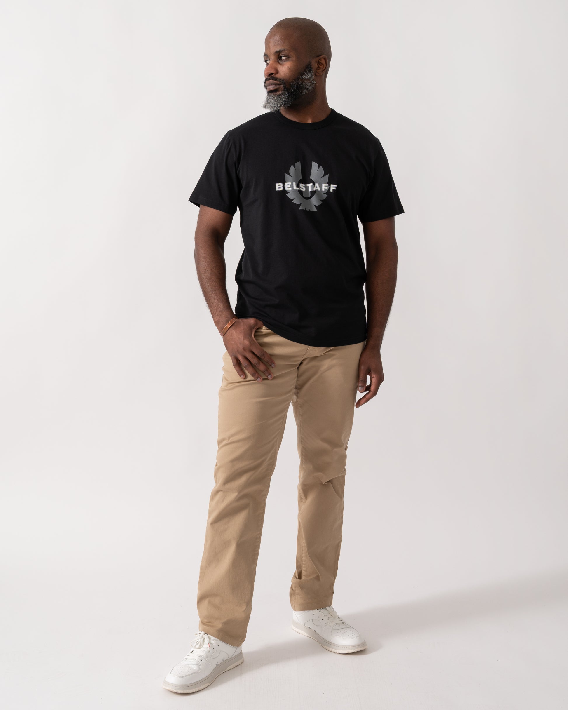 full length shot of a model wearing a Belstaff Surface Mens T-Shirt in Black
