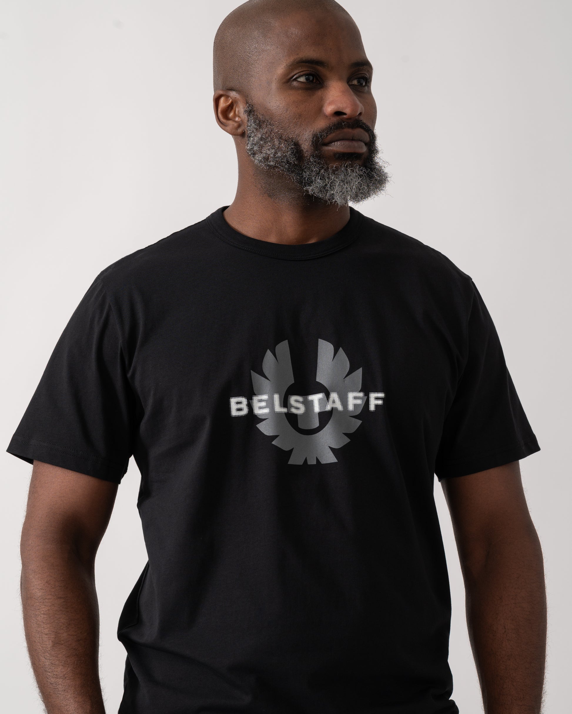 close up shot of a model wearing a Belstaff Surface Mens T-Shirt in Black