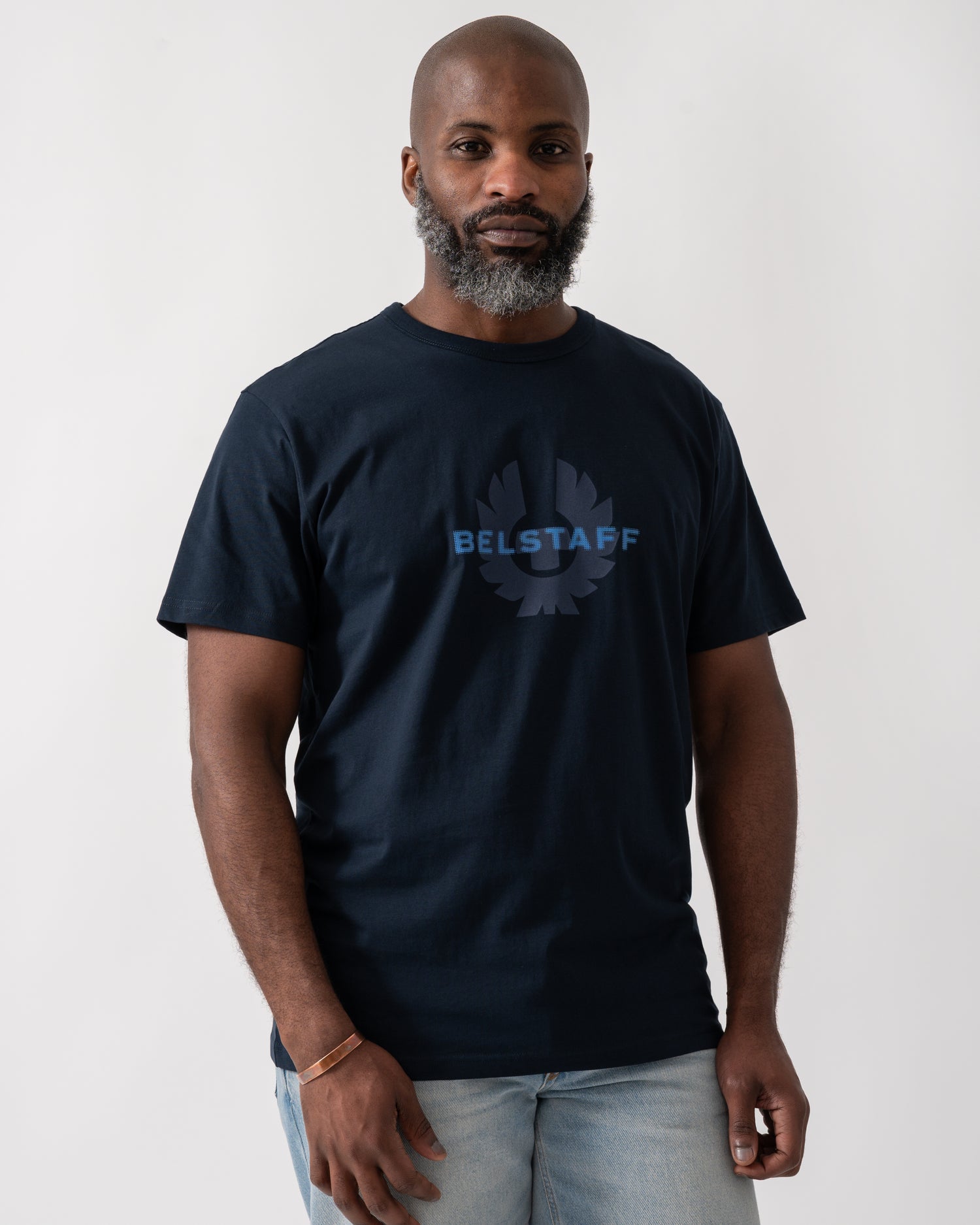 Model wearing a Belstaff Surface Mens T-Shirt in Dark Ink