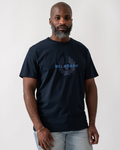 Model wearing a Belstaff Surface Mens T-Shirt in Dark Ink