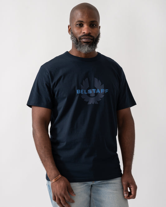 Model wearing a Belstaff Surface Mens T-Shirt in Dark Ink