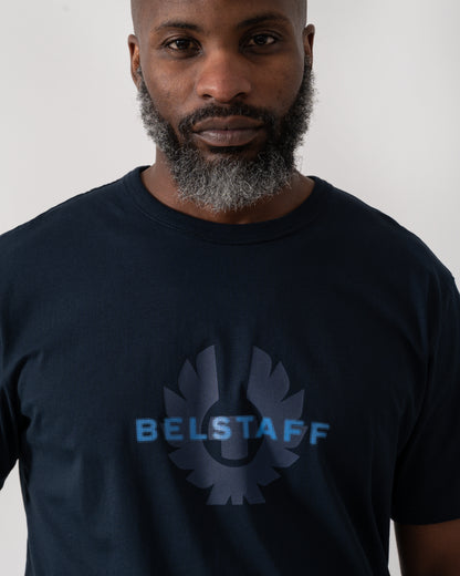 close up shot of a Model wearing a Belstaff Surface Mens T-Shirt in Dark Ink