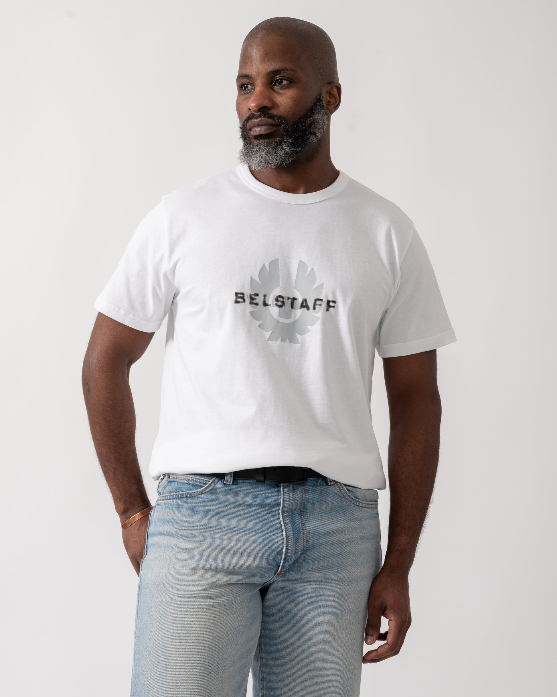 Model wearing a Belstaff Surface Mens T-Shirt in White