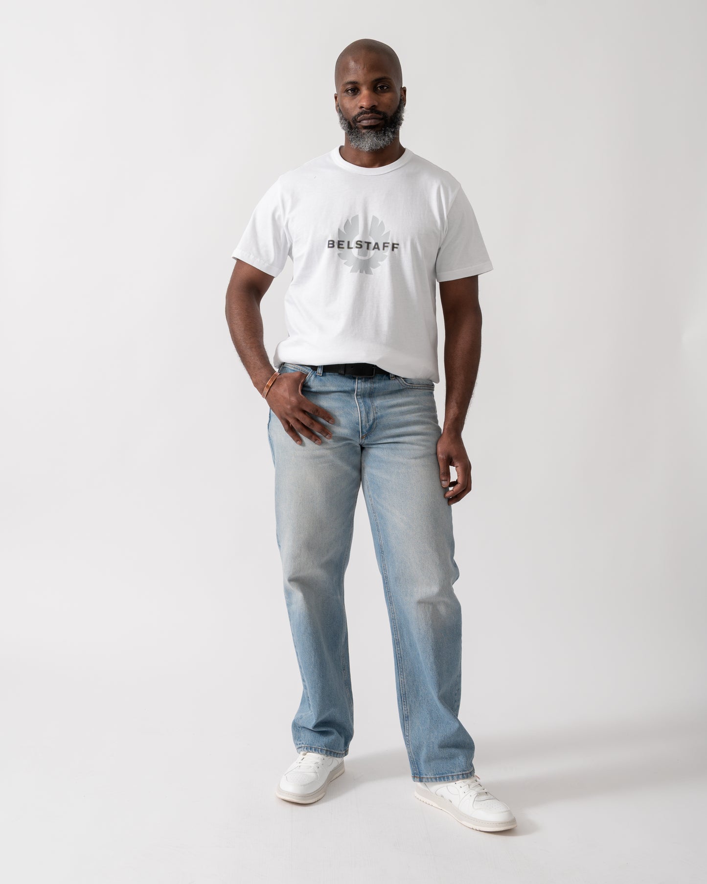 Full length shot of a Model wearing a Belstaff Surface Mens T-Shirt in White