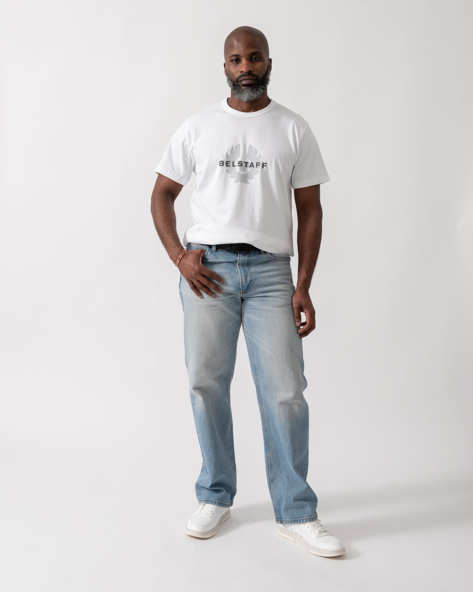 Full length shot of a Model wearing a Belstaff Surface Mens T-Shirt in White