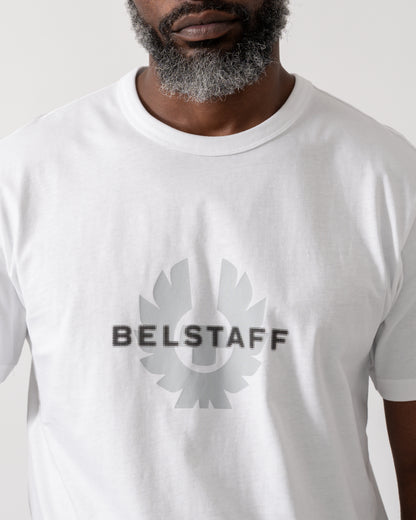 Deteil shot of a Model wearing a Belstaff Surface Mens T-Shirt in White