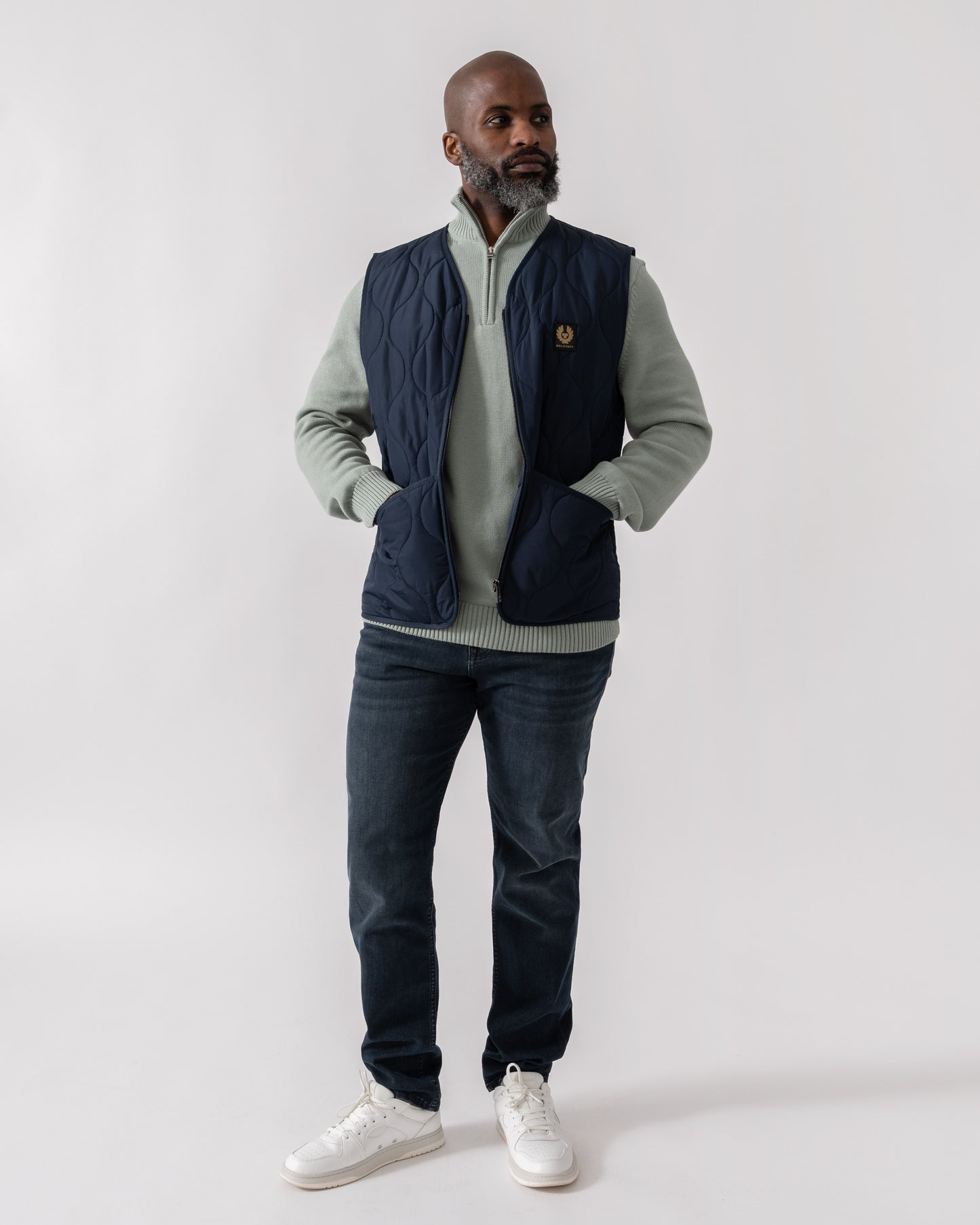 Model wearing Belstaff Base Mens Gilet in Dark Ink - Full Length