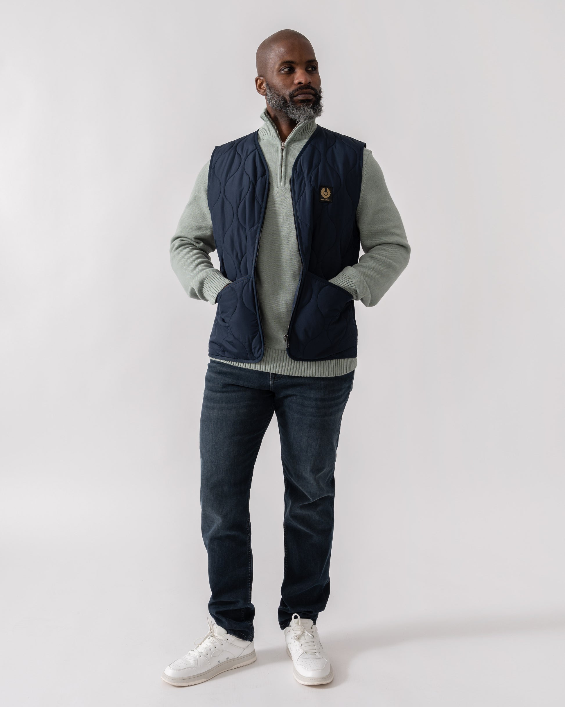 Model wearing Belstaff Base Mens Gilet in Dark Ink - Full Length