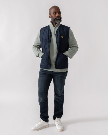 Model wearing Belstaff Base Mens Gilet in Dark Ink - Full Length