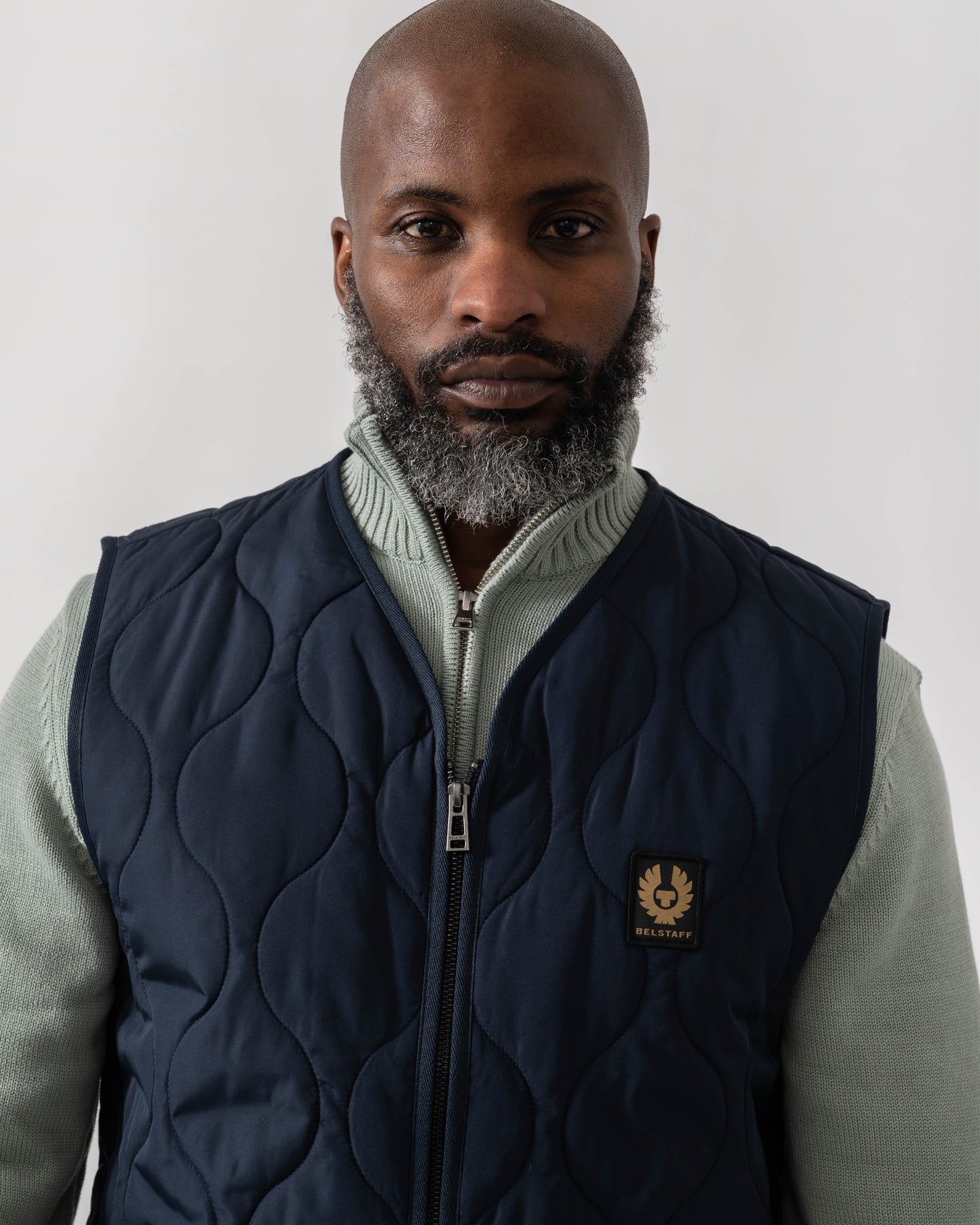 Model wearing Belstaff Base Mens Gilet in Dark Ink - Detail
