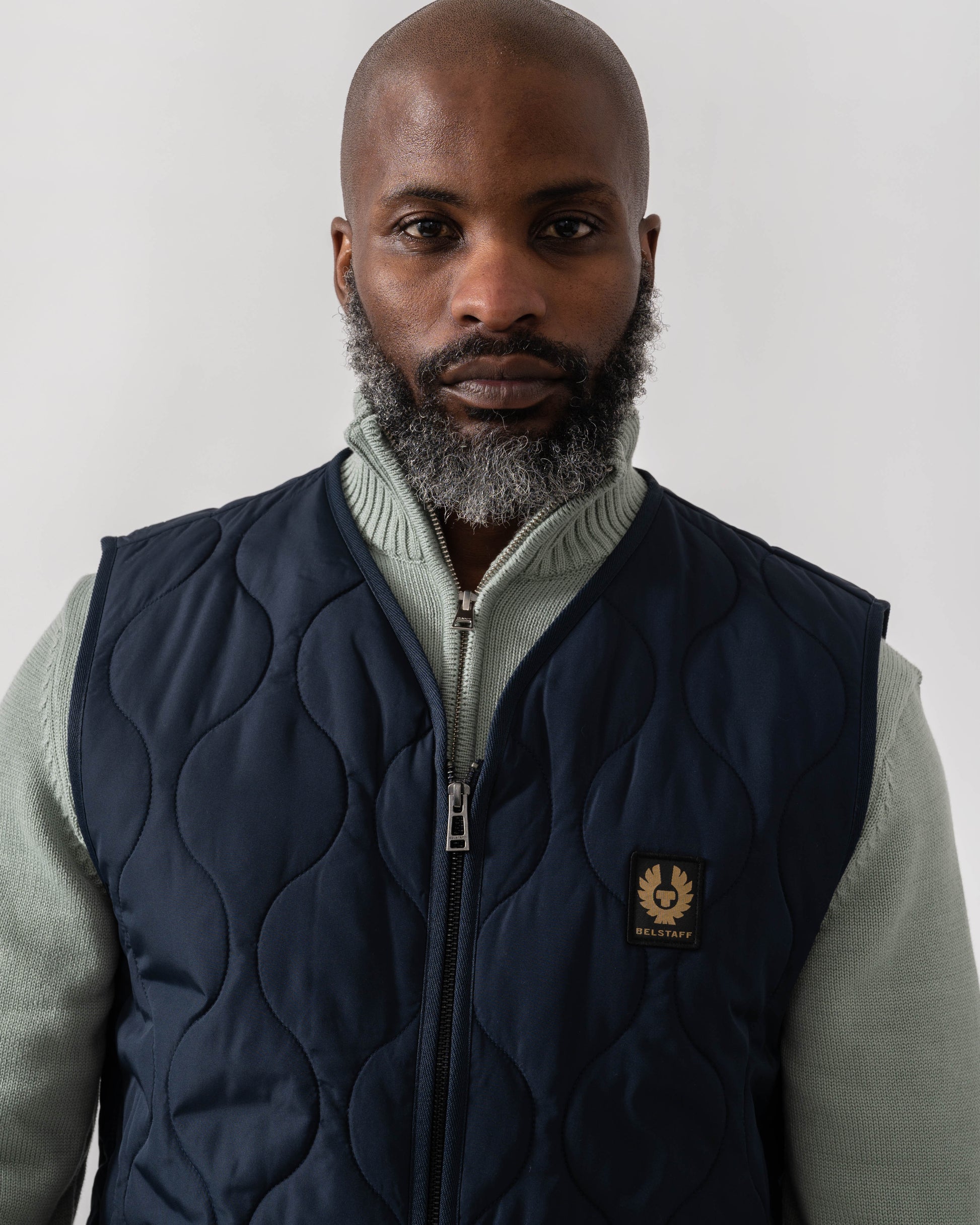 Model wearing Belstaff Base Mens Gilet in Dark Ink - Detail
