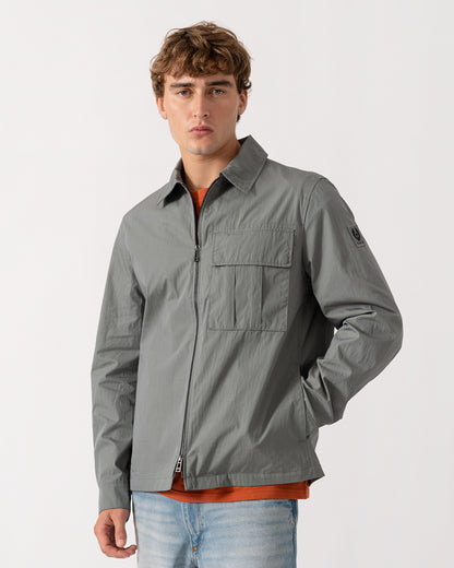 Model wearing Belstaff Cargo Mens Overshirt - Atlantic Grey with pocket details