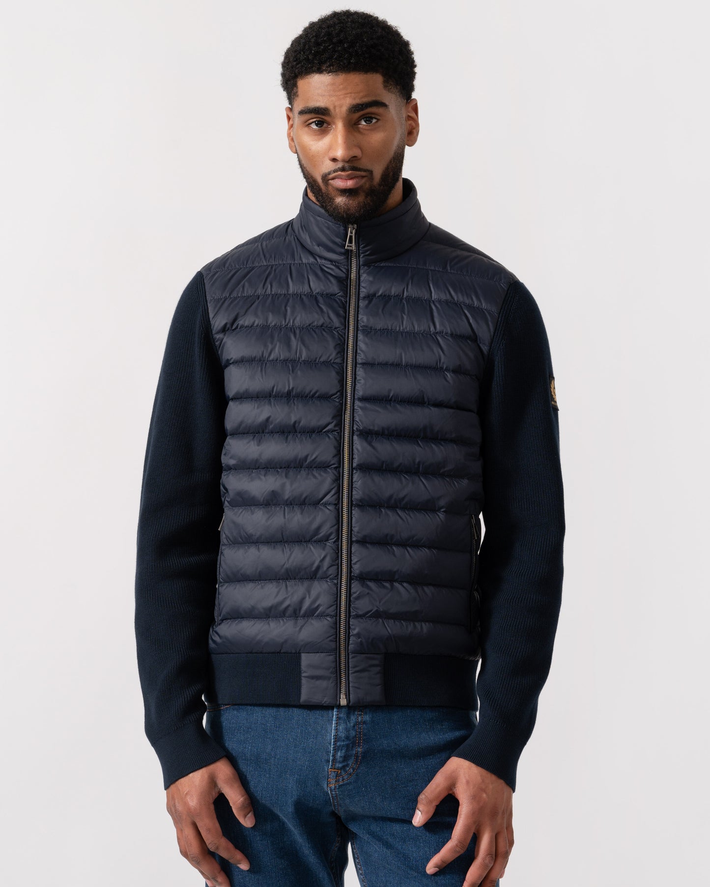 Model wearing Belstaff Control Mens Hybrid Jacket in Dark Ink - Main