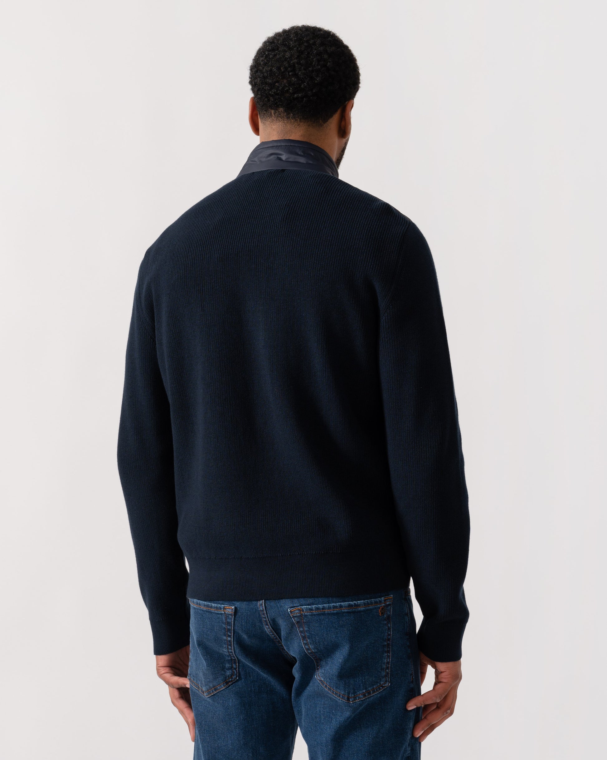 Model wearing Belstaff Control Mens Hybrid Jacket in Dark Ink - back