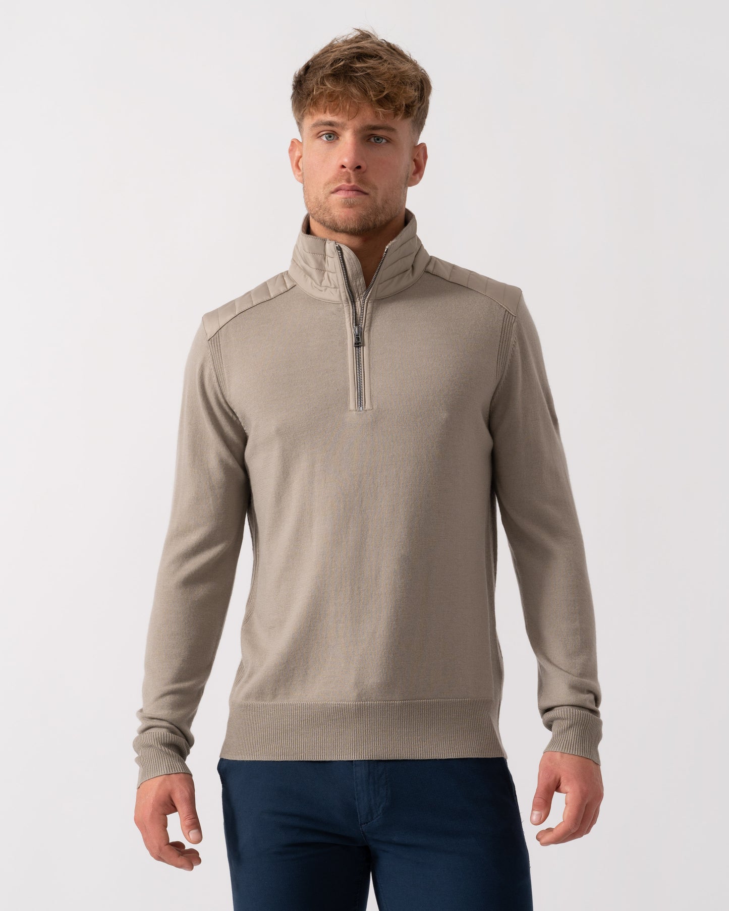 Belstaff Kilmington Mens Merino Wool Quarter Zip Jumper - Dark Sand | CHO | Designer Mens Jumpers