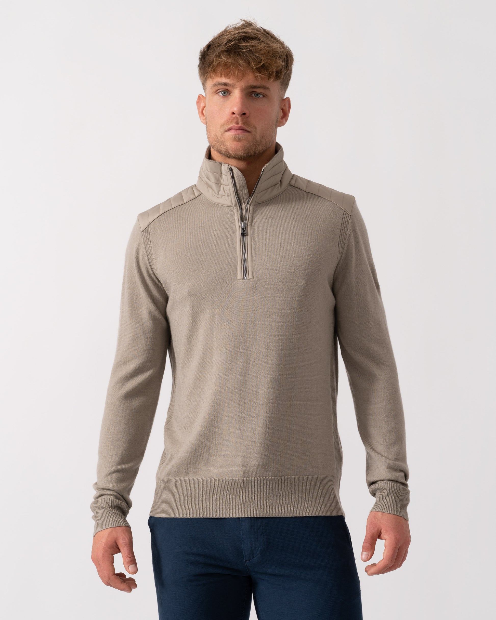 Belstaff Kilmington Mens Merino Wool Quarter Zip Jumper - Dark Sand | CHO | Designer Mens Jumpers
