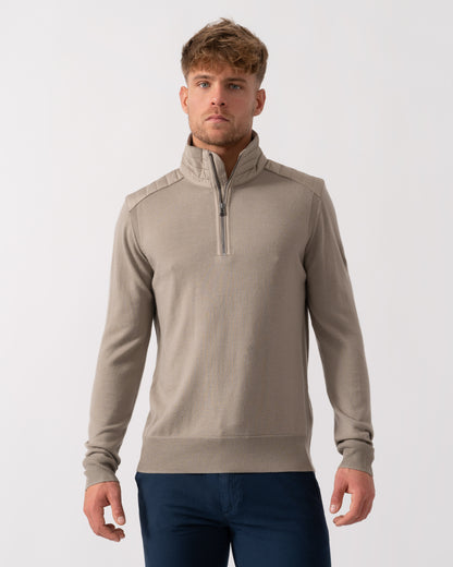 Belstaff Kilmington Mens Merino Wool Quarter Zip Jumper - Dark Sand | CHO | Designer Mens Jumpers
