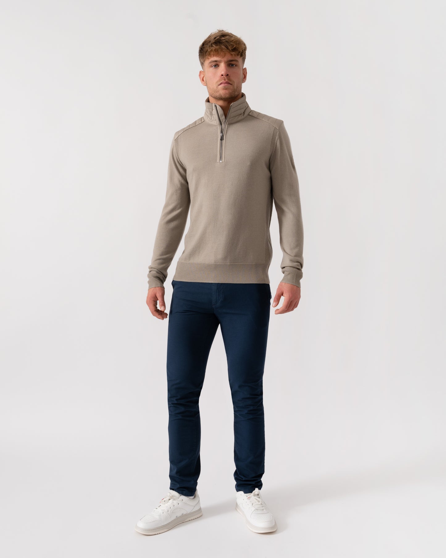 Belstaff Kilmington Mens Merino Wool Quarter Zip Jumper - Dark Sand | CHO | Designer Mens Jumpers