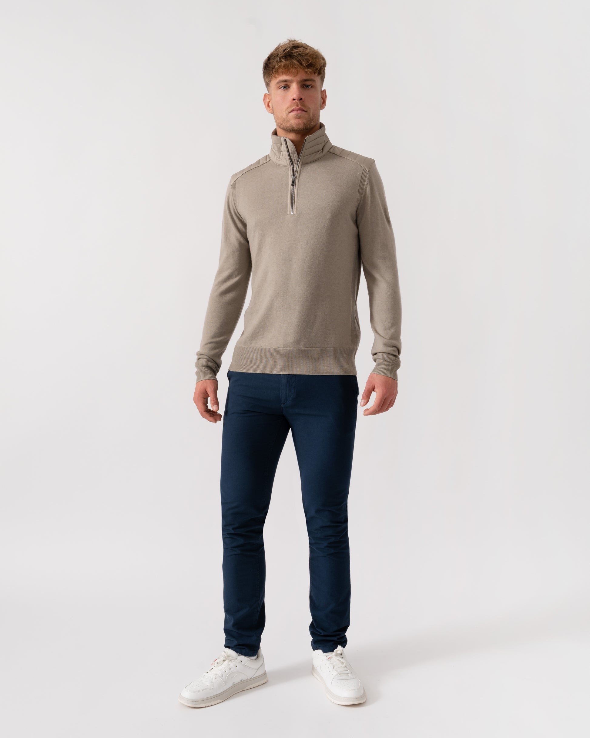 Belstaff Kilmington Mens Merino Wool Quarter Zip Jumper - Dark Sand | CHO | Designer Mens Jumpers