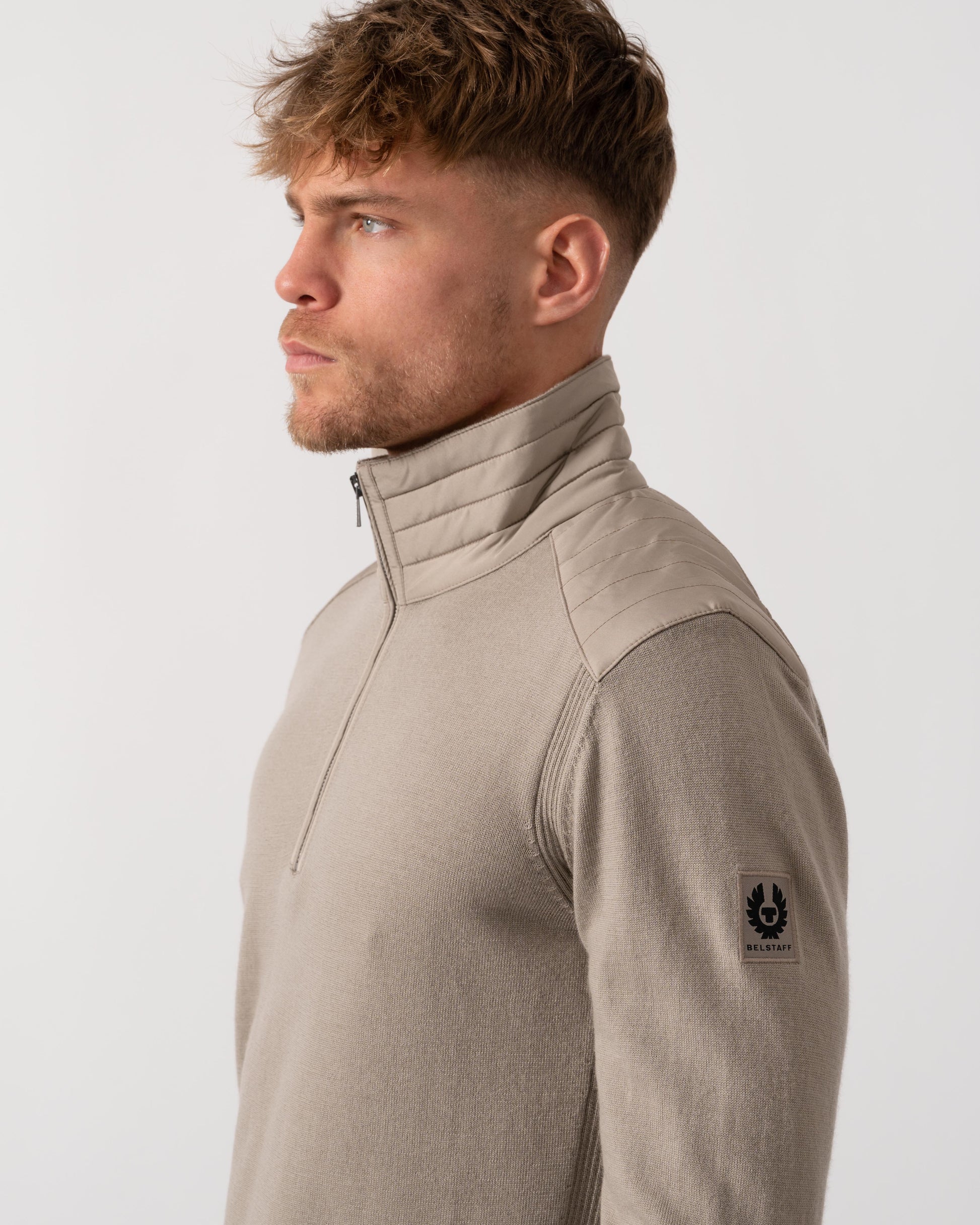 Belstaff Kilmington Mens Merino Wool Quarter Zip Jumper - Dark Sand | CHO | Designer Mens Jumpers