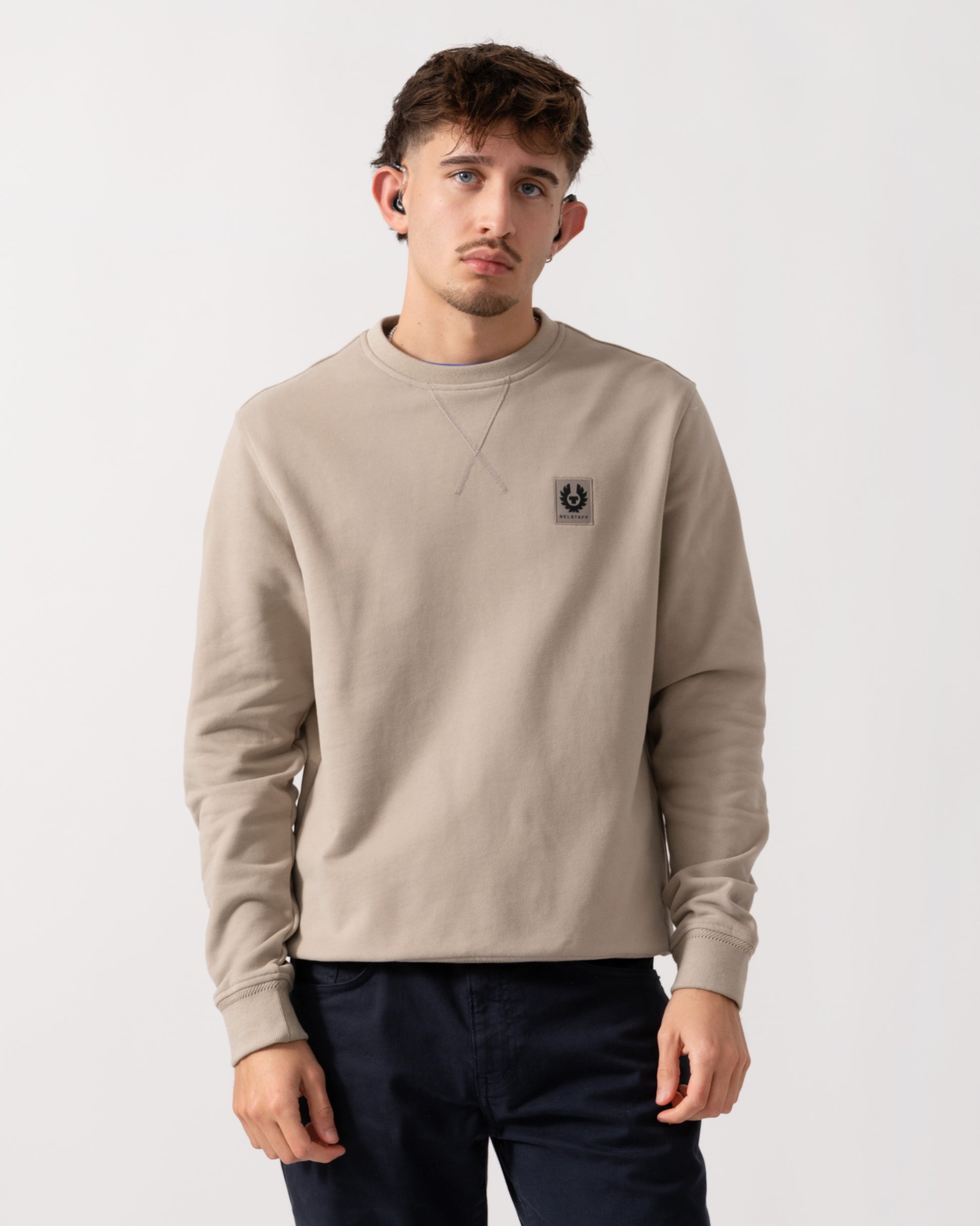 Belstaff Mens Crew Neck Sweatshirt With Logo Patch - Dark Sand main