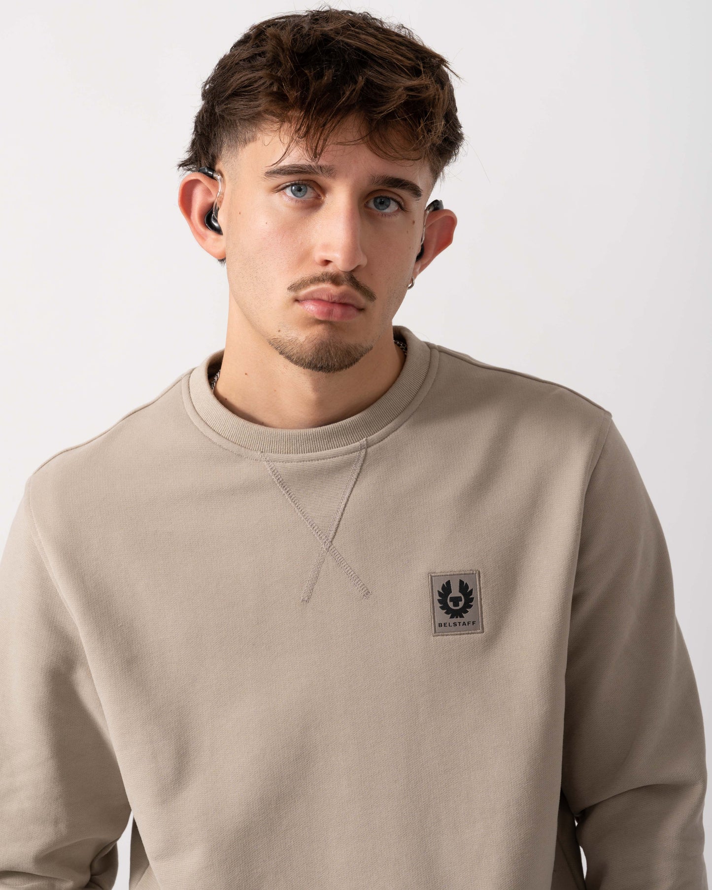 Belstaff Mens Crew Neck Sweatshirt With Logo Patch - Dark Sand detail