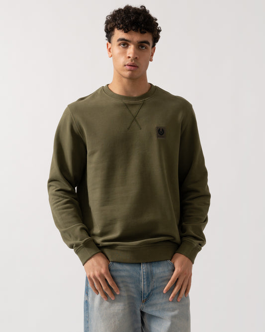 Belstaff Mens Crew Neck Sweatshirt With Logo Patch - True Olive