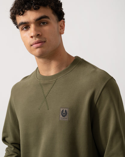 Belstaff Mens Crew Neck Sweatshirt With Logo Patch - True Olive