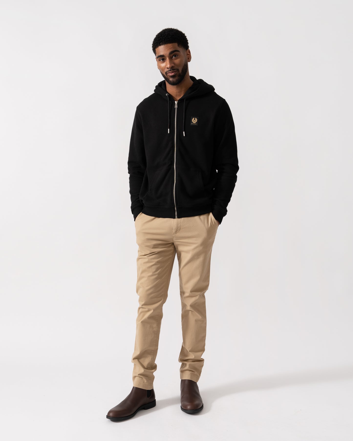 Model wearing a Belstaff Mens Full Zip Hoodie in Black - Full Length