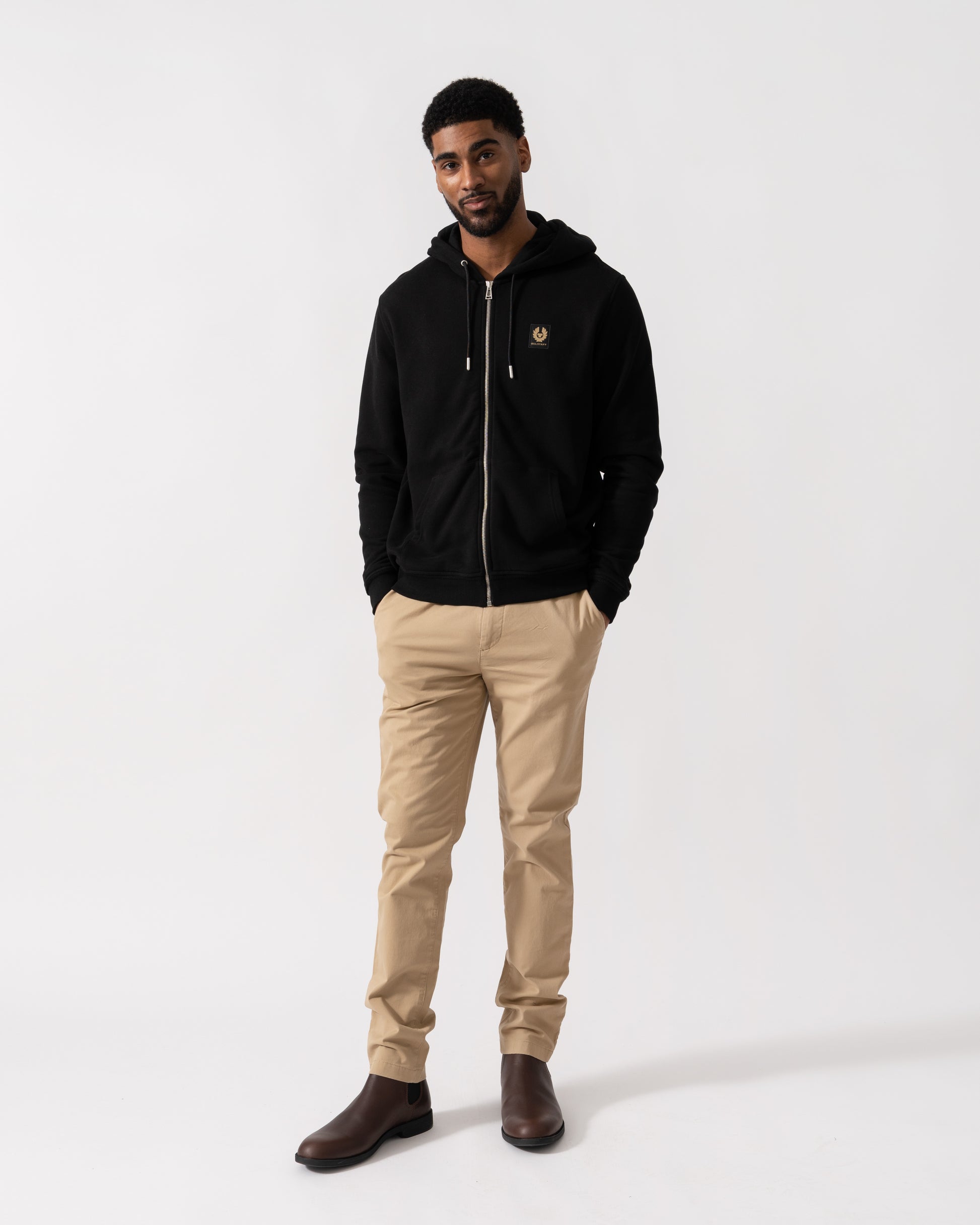 Model wearing a Belstaff Mens Full Zip Hoodie in Black - Full Length