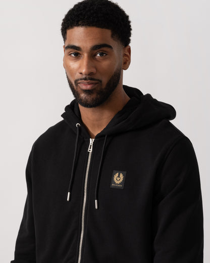 Model wearing a Belstaff Mens Full Zip Hoodie in Black - Detail