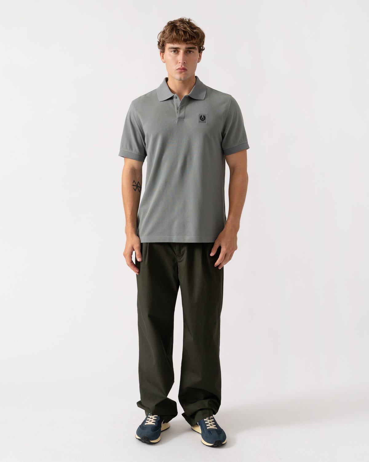 Outfit shot of Belstaff Mens Logo Polo - Atlantic Grey