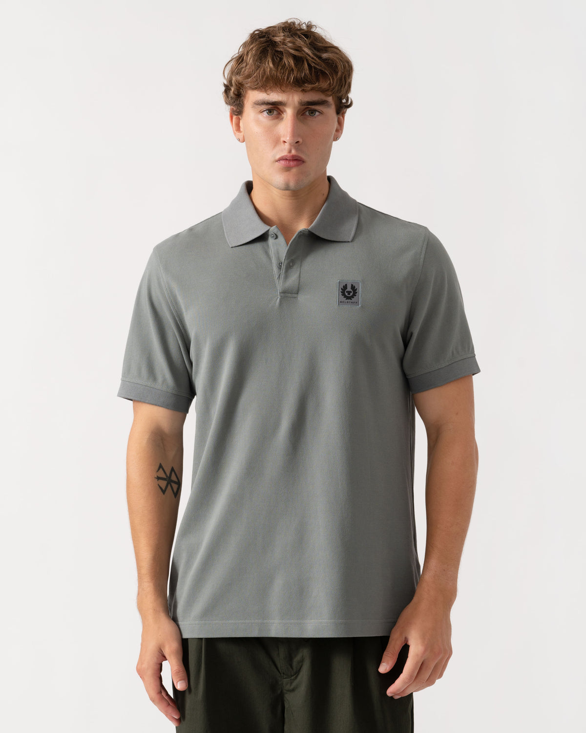 Man wearing Belstaff Mens Logo Polo - Atlantic Grey
