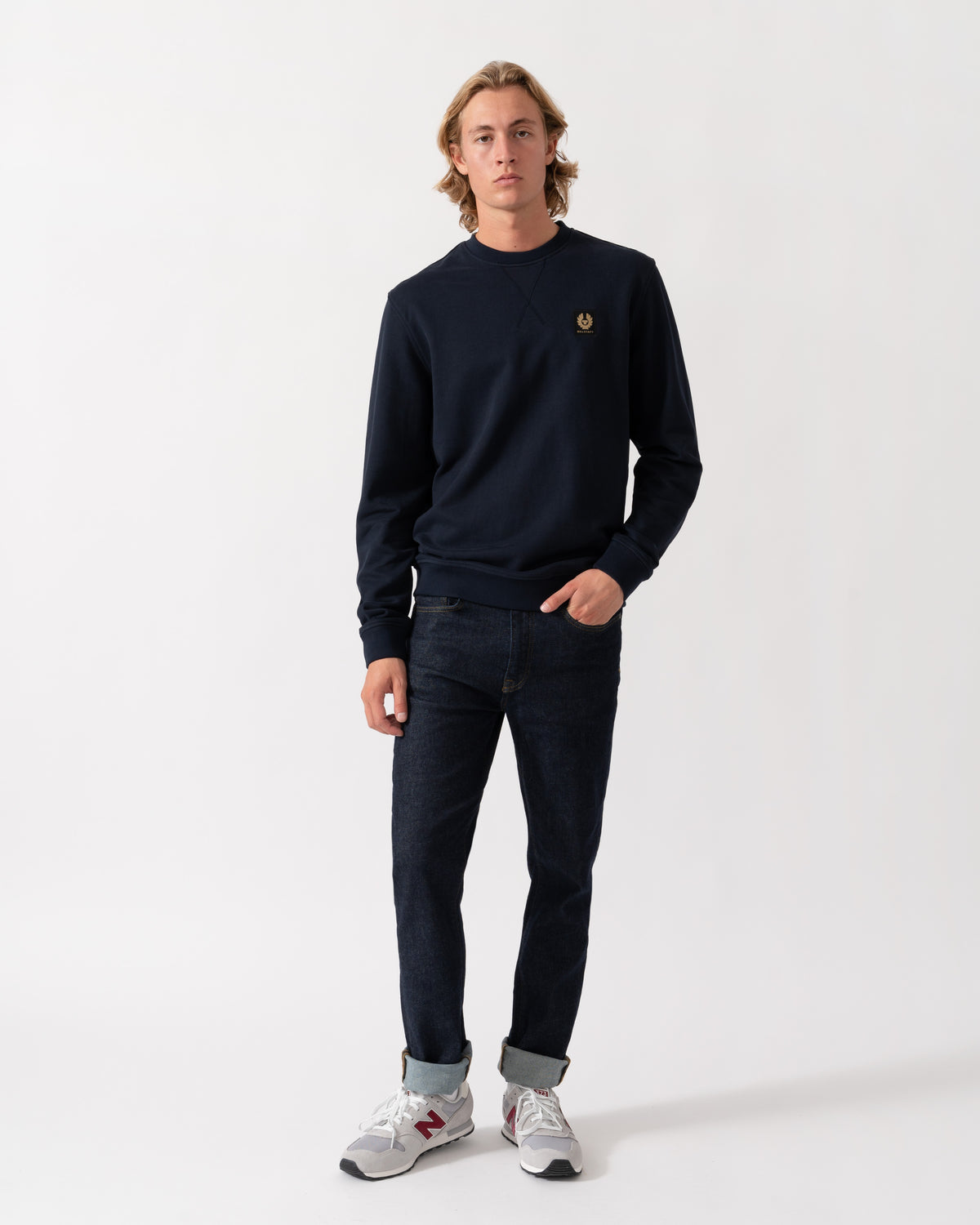 Model wearing the Belstaff Mens Logo Sweatshirt - Dark Ink