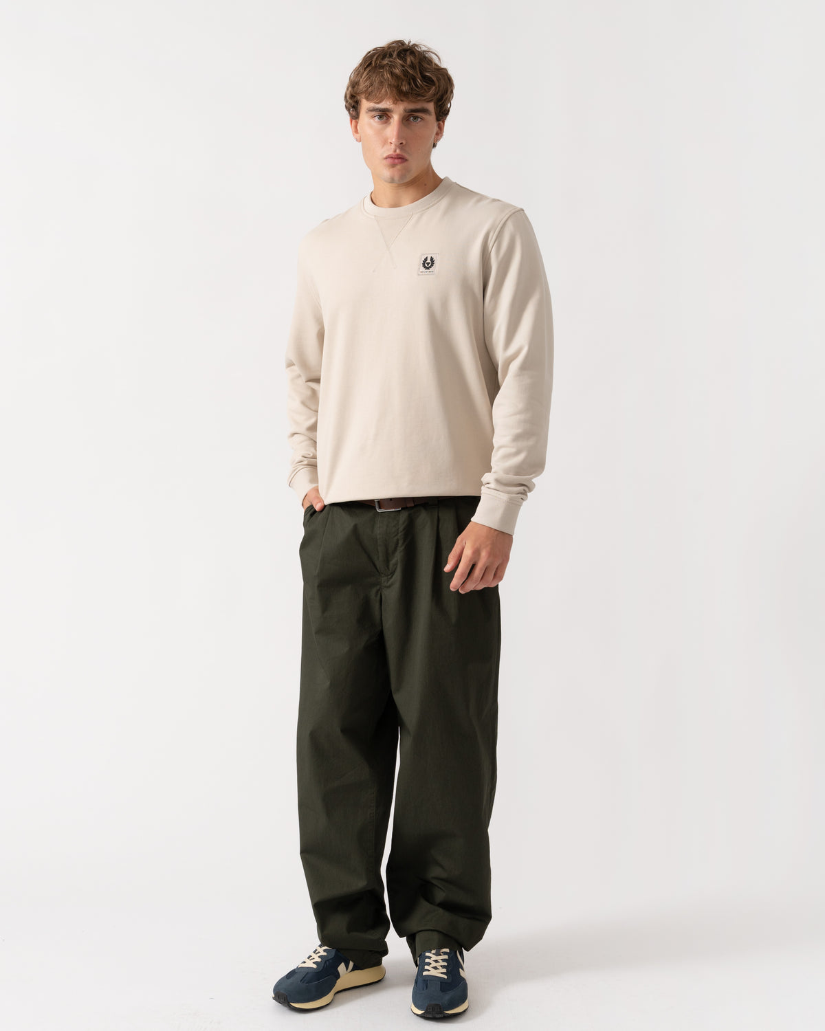 Outfit shot of Belstaff Mens Logo Sweatshirt - Pale Stone