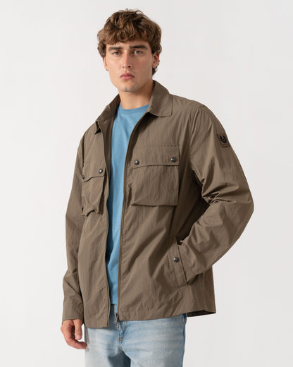 Man wearing unzipped jacket of Belstaff Mens Tourer Overshirt - Khaki Green