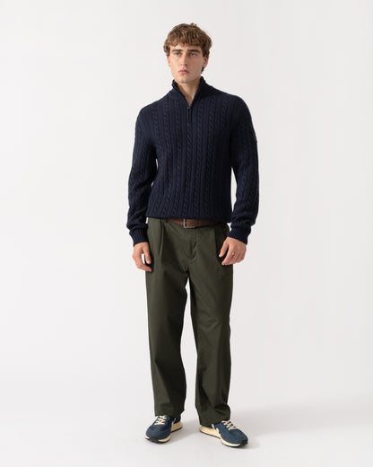 Full outfit shot of Belstaff Mens Westport Quarter Zip Cable Knit Jumper - Dark Ink