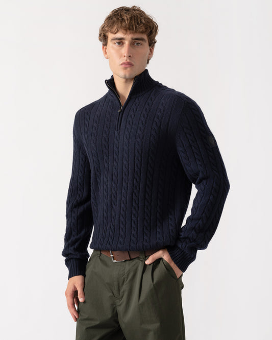 Man wearing Belstaff Mens Westport Quarter Zip Cable Knit Jumper - Dark Ink