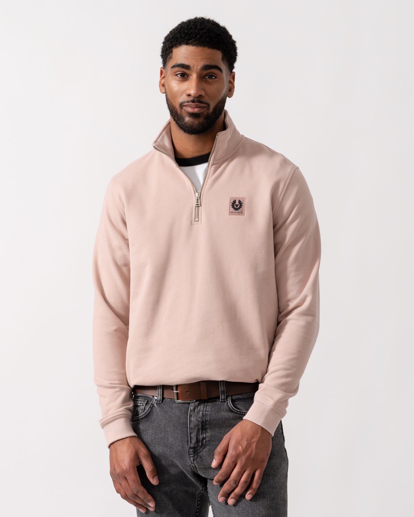 Model wearing Belstaff Quarter Zip Sweatshirt in Dusk Pink - Main