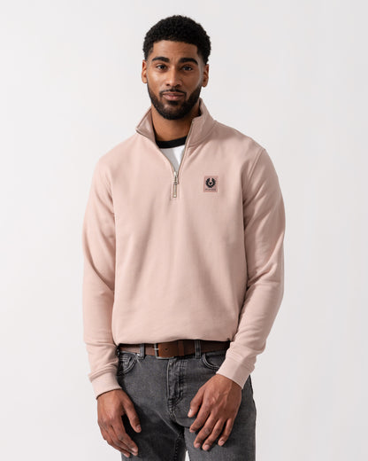 Model wearing Belstaff Quarter Zip Sweatshirt in Dusk Pink - Main