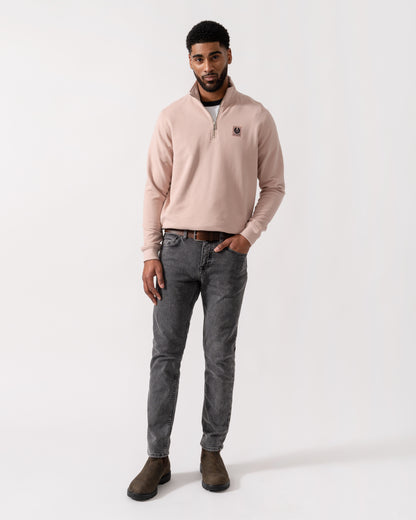 Model wearing Belstaff Quarter Zip Sweatshirt in Dusk Pink - Full Length