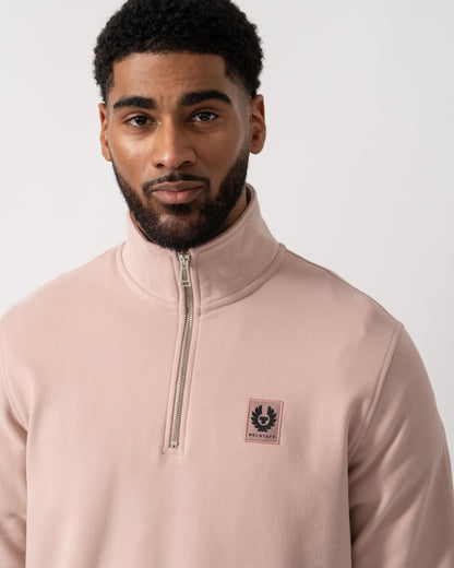 Model wearing Belstaff Quarter Zip Sweatshirt in Dusk Pink - Detail