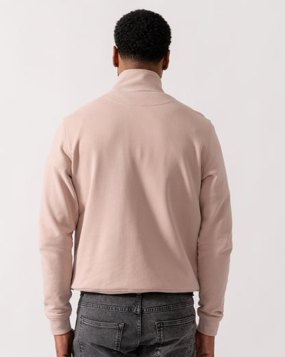 Model wearing Belstaff Quarter Zip Sweatshirt in Dusk Pink - back