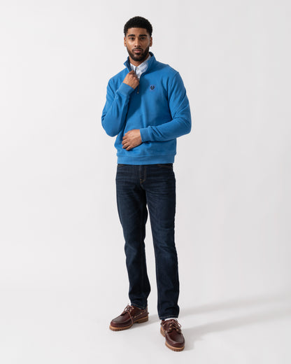 Model wearing Belstaff Quarter Zip Sweatshirt in Marine Blue - full length 