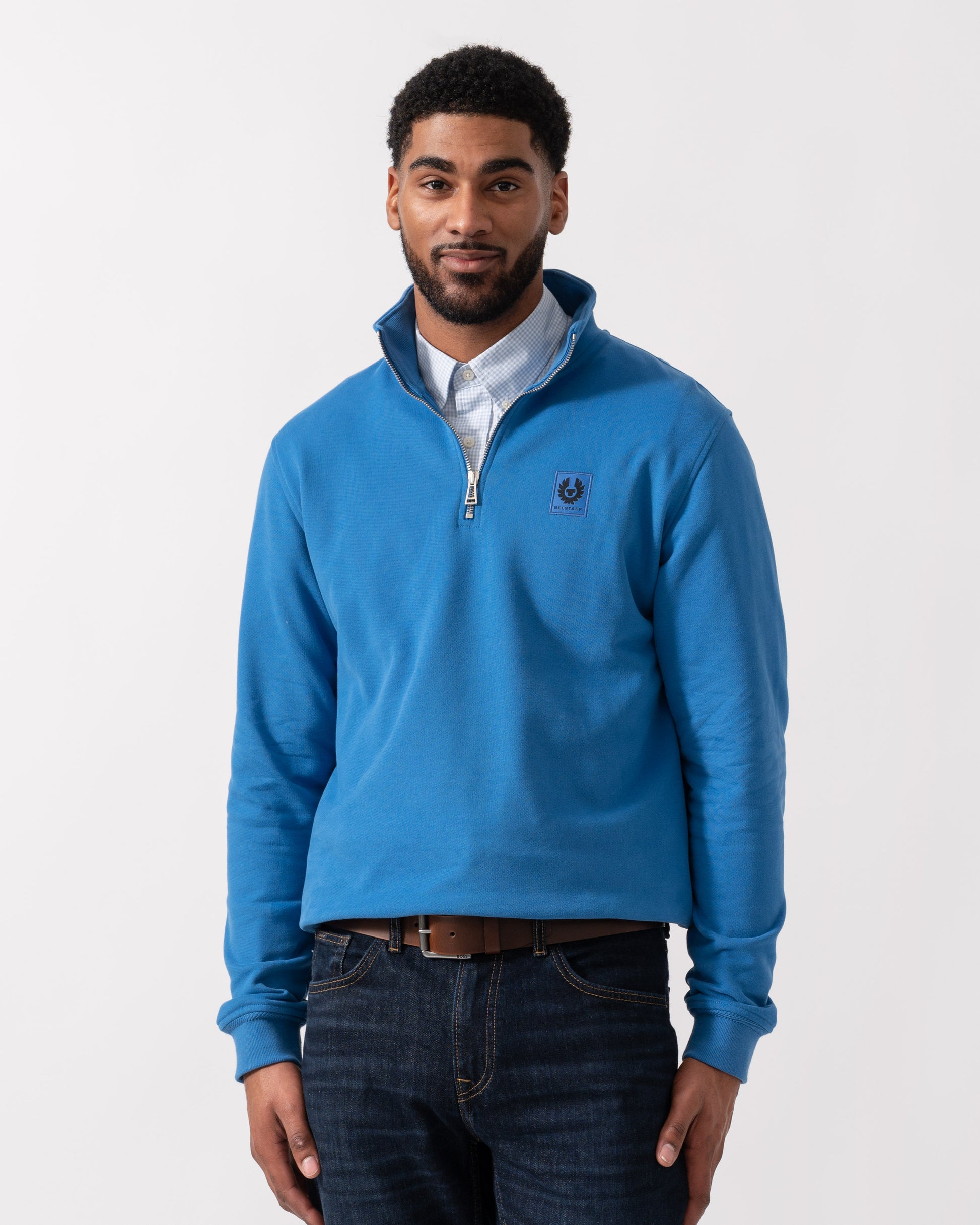 Model wearing Belstaff Quarter Zip Sweatshirt in Marine Blue - Main