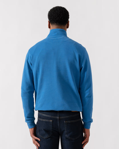 Model wearing Belstaff Quarter Zip Sweatshirt in Marine Blue - back