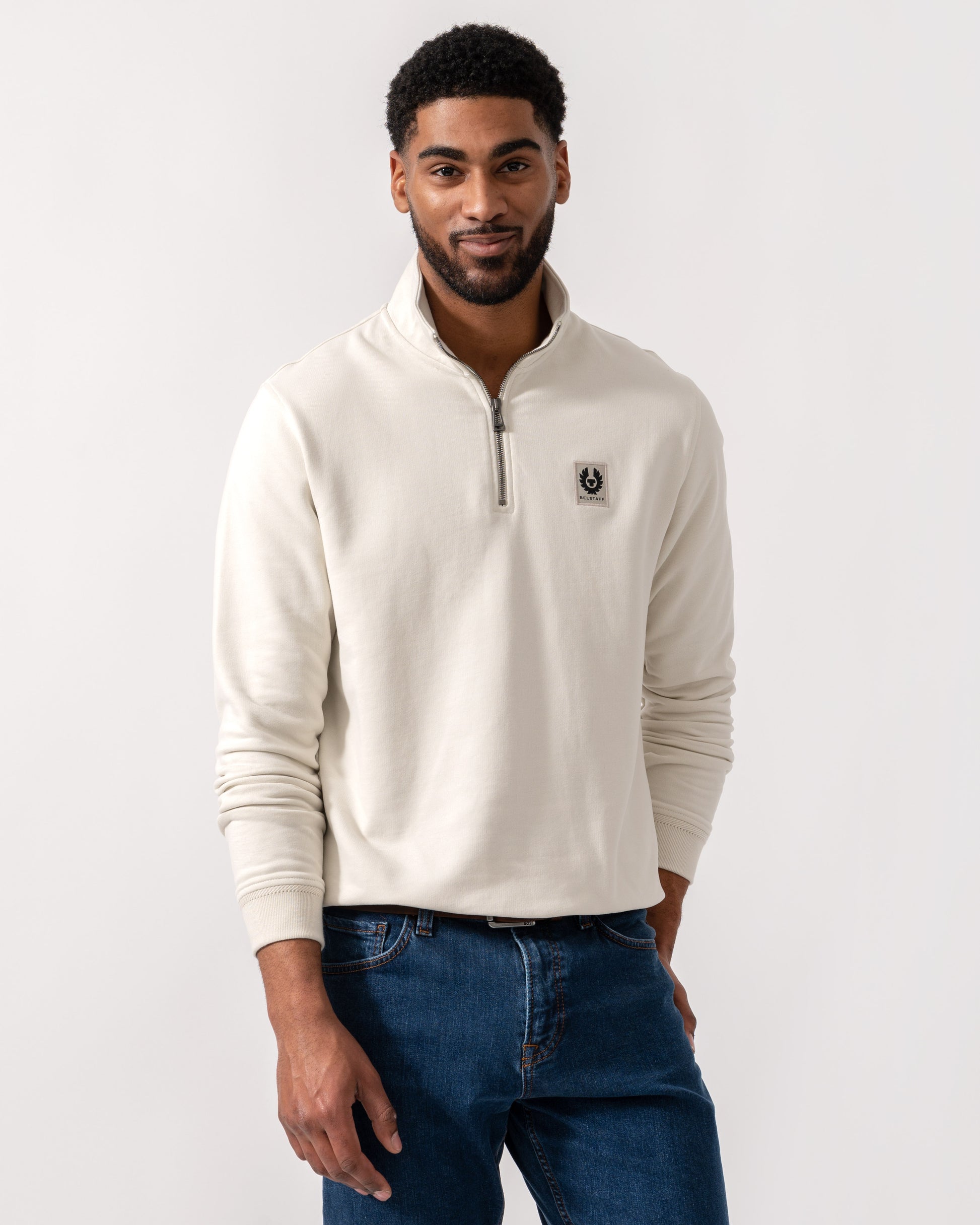 Model wearing Belstaff Quarter Zip Sweatshirt in Silver Birch - Main