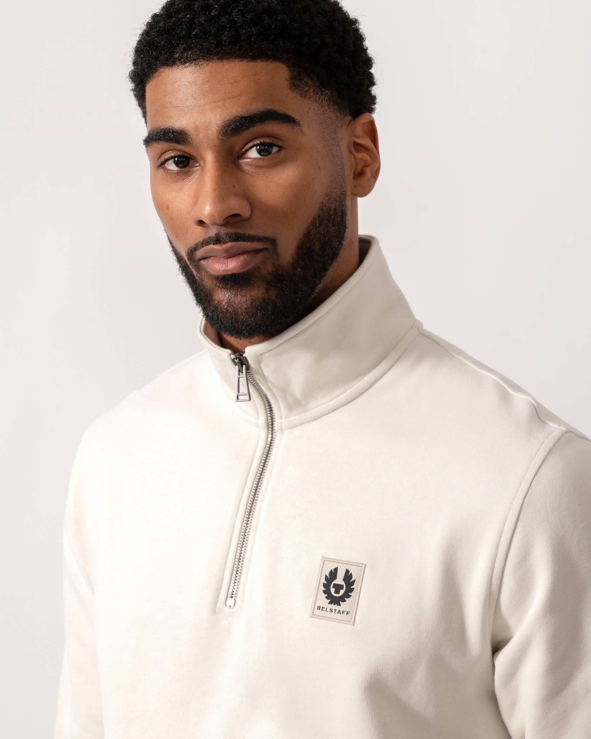 Model wearing Belstaff Quarter Zip Sweatshirt in Silver Birch - Detail